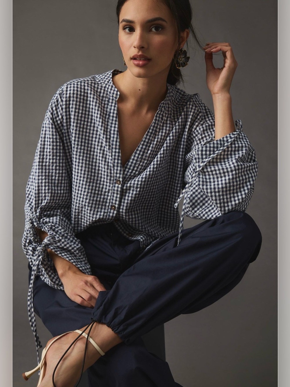 Anthropologie Pilcro Ruched-Sleeve Gingham Poplin, 100% Cotton Blouse EUC